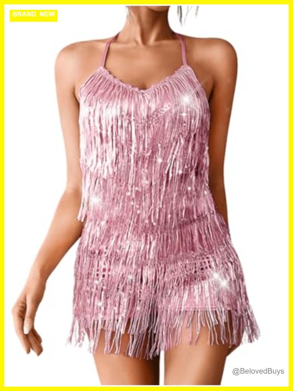 Kaei&Shi Sequin Fringe Romper Sparkly Glitter Metallic Jumpsuit